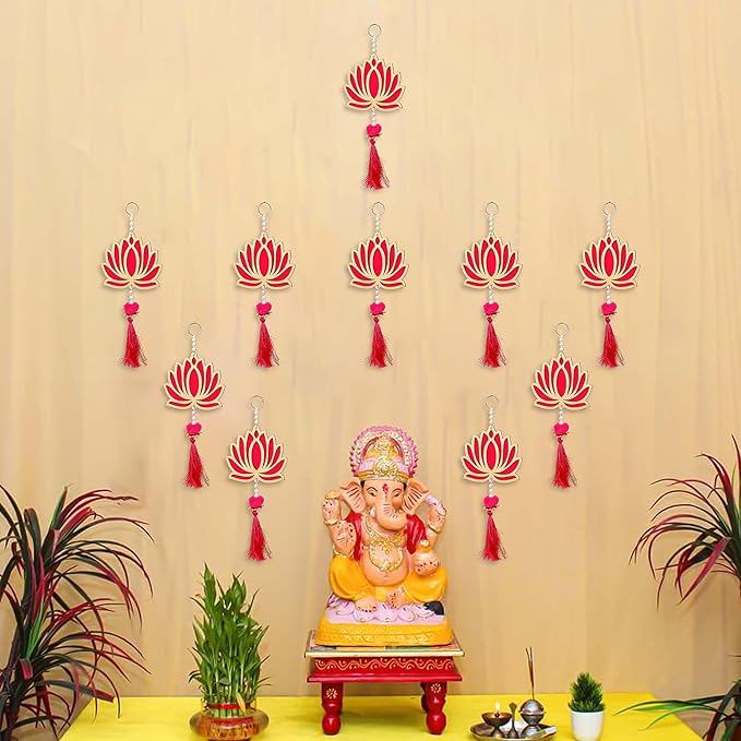 eCraftIndia Lotus Flower Decorative Wall Hanging for Home Decor (Pack of 10) | Lotus Hangings for Main Door Entrance, Pooja Room, Temple | Wedding, Ganpati Navratri Diwali Decoration Items