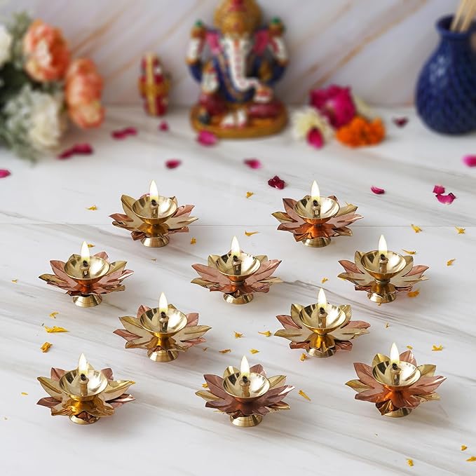 eCraftIndia Set of 10 Golden Lotus Flower Shape Decorative Brass Diyas for Diwali Pooja | Housewarming Gift Items | Diwali Decoration Items for Home Decor