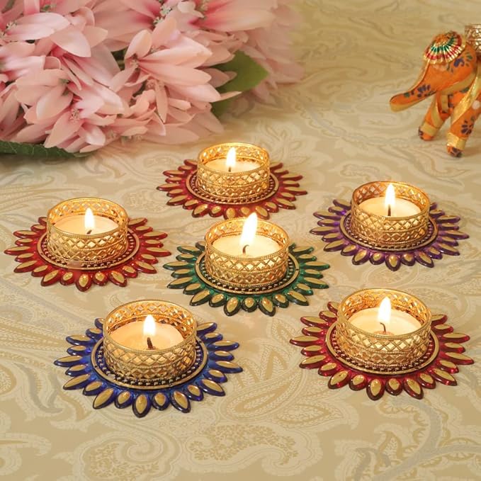 TIED RIBBONS Set of 6 Multicolor Florals Tealight Candle Holders for Diyas Decor Centerpieces Votives - Decorations Items for Home Decor