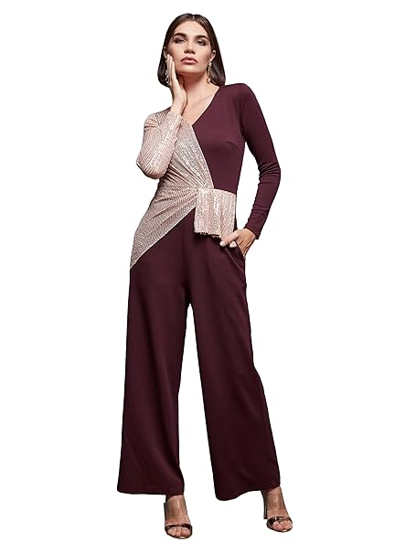 Miss Chase Women's V-Neck Full Sleeve Embellished Asymmetric Regular Length Polyester Jumpsuit with Pockets
