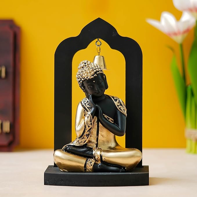 eCraftIndia Black Golden Resin Thinking Lord Buddha Idol for Home Decor | Gautam Buddha Statue for Living Room Office Desk | Gift for Diwali Buddha Purnima Housewarming