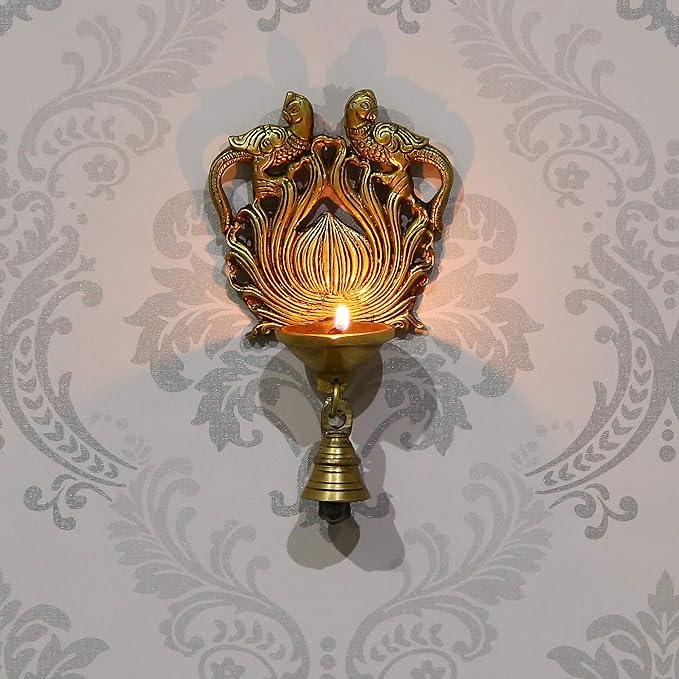 eCraftIndia Antique Finish Decorative Bird Design Handcrafted Brass Wall Hanging Diya with Bells