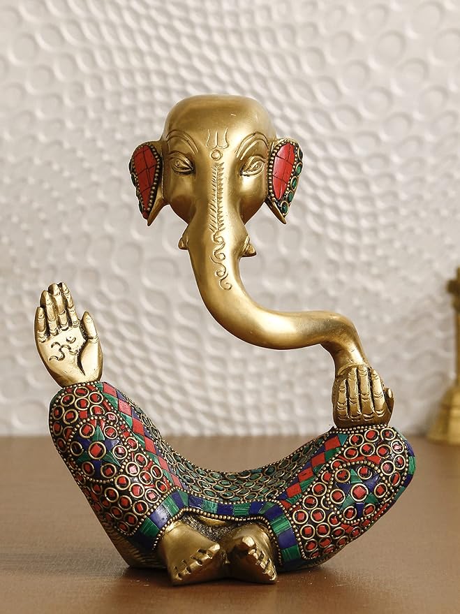eCraftIndia Handcrafted Meditating Brass Lord Ganesha Idol with Golden Colorful Stone Work, Spiritual Ganesha Statue for Puja Room, Home Decor - Hindu God Idol for Good Luck, Prosperity, Success