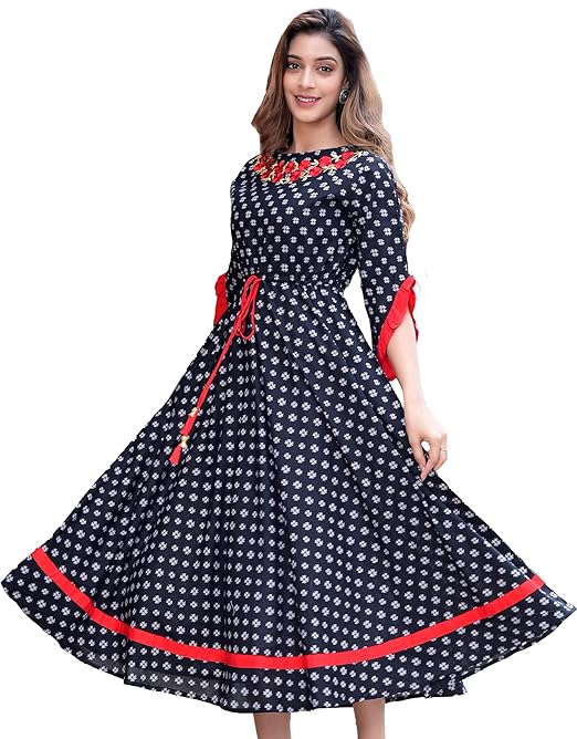 Yash Gallery Women's Fit And Flare Calf Length Cotton Ikat Printed Flared Dress