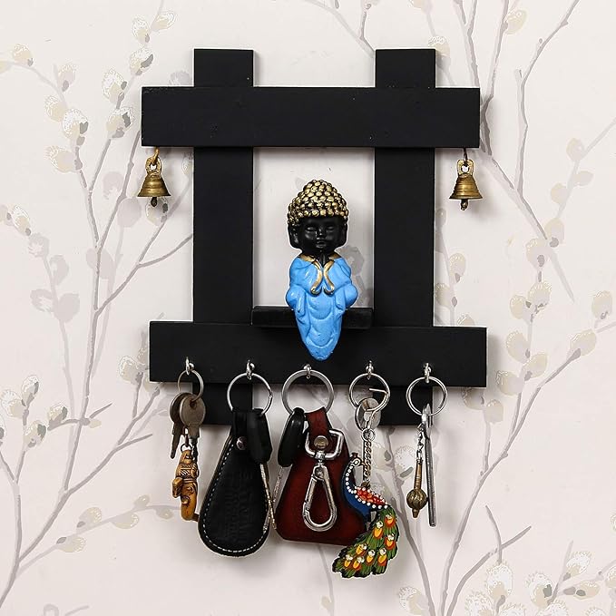 eCraftIndia Peaceful Buddha Sitting Wooden Keyholder with 5 Key Knobs