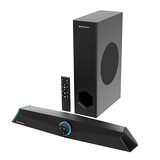 ZEBRONICS Zeb Sonic BAR 100-120W RMS Soundbar with Subwoofer, RGB LED, HDMI ARC, BT v5.0, AUX, Type C + Dual 3.5mm Audio Ports, Virtual 5.1 and 3D Surround Sound (Black-)
