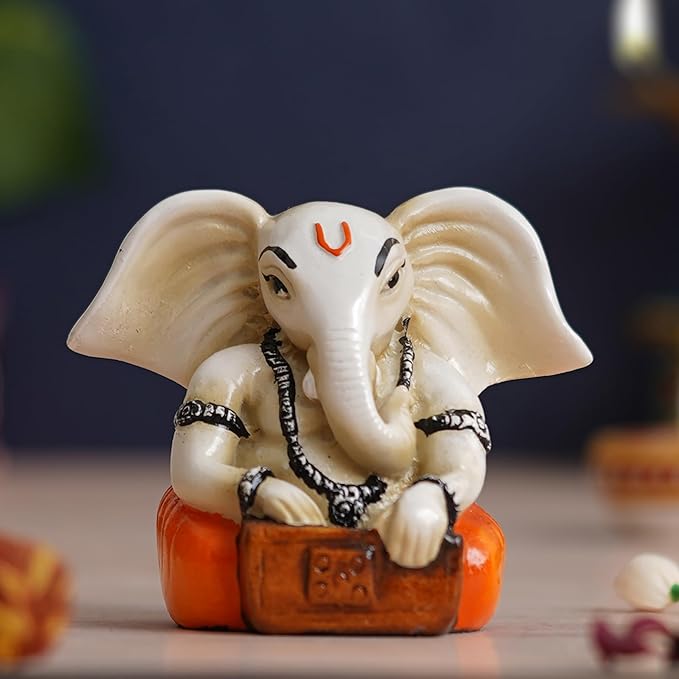 eCraftIndia White & Orange Polyresin Handcrafted Lord Ganesha Idol Playing Harmonium Musical Instrument - Decorative God Statue for Home, Office Decor - Gift for Birthday, Diwali, Ganesh Chaturthi
