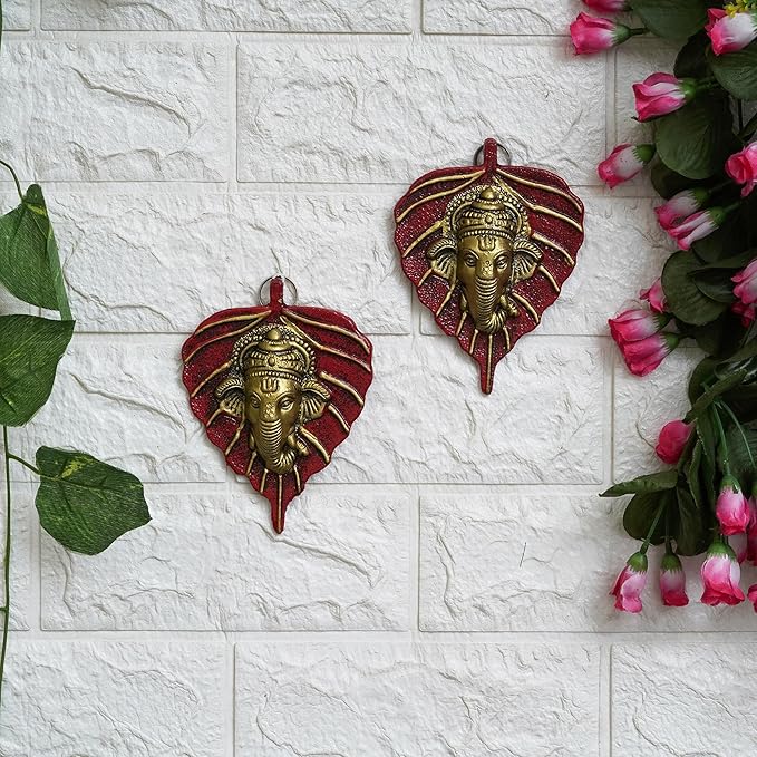 eCraftIndia Set of 2 Golden and Red Peepal Leaf Ganesha Wall Hangings