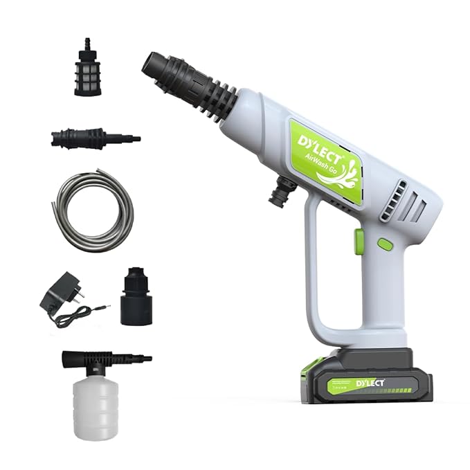 DYLECT® AirWash Go Cordless Pressure Washer Gun, Battery-Operated High Pressure Car Washer with Adjustable Nozzle, Foam Spray, 5m Hose | Reliable Power for Car, Bike & Home Cleaning (Light Grey)