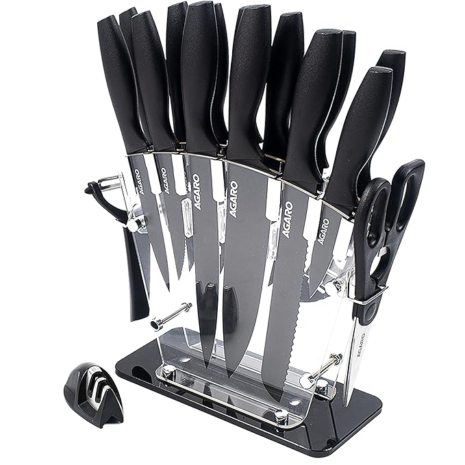 AGARO Grand 17Pcs Kitchen Knife Set, High Carbon Stainless Steel, Professional Chef Knife Set for Kitchen, (13 Knives + Acrylic Stand +Scissors +Peeler & Knife Sharpener), Home & Restaurant Use, Black