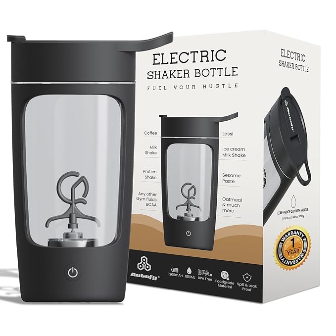 Autofy Electric Shaker for Gym Protein Shaker Bottle 100% Leakproof Design Multipurpose Use Coffee Lassi Milkshake BCAA Mixing Home Office Workout use *60 Mins Runtime* Anti-Skid Base (Black - 650ml)