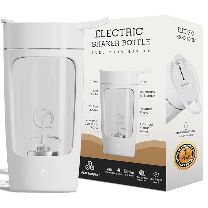 Autofy Electric Shaker for Gym Protein Shaker Bottle 100% Leakproof Design Multipurpose Use Coffee Lassi Milkshake BCAA Mixing Home Office Workout use *60 Mins Runtime* Anti-Skid Base (White - 650ml)