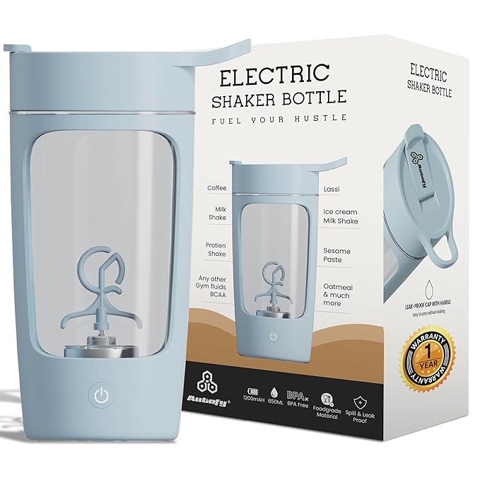 Autofy Electric Shaker for Gym Protein Shaker Bottle 100% Leakproof Design Multipurpose Use Coffee Lassi Milkshake BCAA Mixing Home Office Workout use *60 Mins Runtime* Anti-Skid Base (Blue - 650ml)