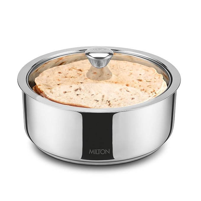 MILTON Castella II Stainless Steel Roti Casserole | Double-Walled Insulated Food Server | Easy-to-Carry Hot Box for Kitchen | Chapati, Paratha Storage | Serving Casserole with Glass Lid | 2500 ml, Silver