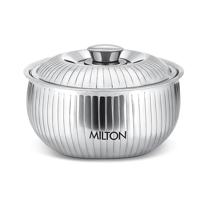MILTON Tulip 2000 Stainless Steel Casserole | Double-Walled Insulated Hot & Cold Food Server | Easy-to-Carry Hot Box for Kitchen | Chapati & Roti Storage | Serving Casserole with Lid | 1950ml, Silver