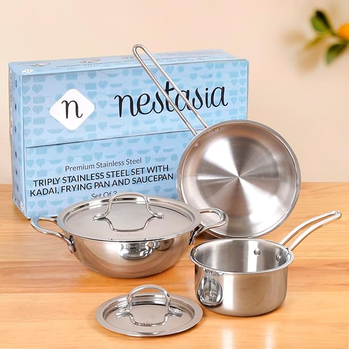 Nestasia Triply Stainless Steel 5 Pc Cookware Set - Fry Pan (20cm/1L), Kadai with Lid (24cm/3L) & Saucepan with Lid (14cm/1.1L) | Even Heating, Induction & Gas Stove Friendly