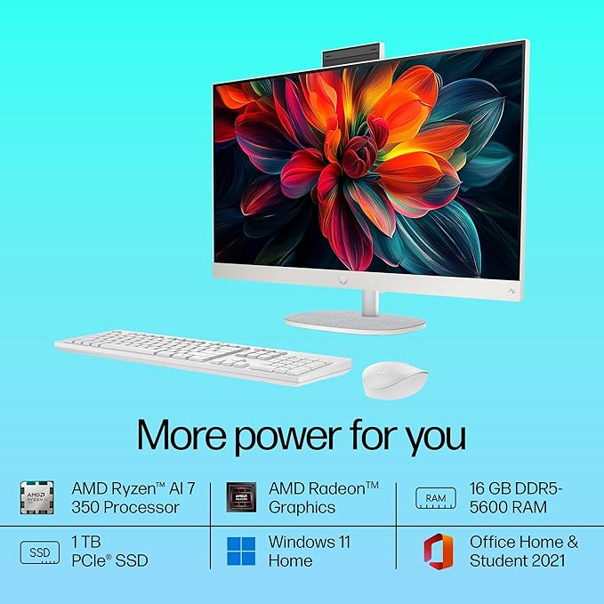 HP Next Gen AI AIO, AMD Ryzen AI 7 350, 50 Tops,(16GB DDR5,1TB SSD) IPS, 300 nits, Anti-Glare, 27inch(68.6cm) FHD, Win 11, Office24, Shell White, 11.9kg, FHD Camera w/Privacy shuttter, 27-ct2073in