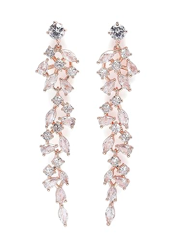 Karatcart Rose Gold Plated Floral Design Pink American Diamond Stone Dangler Earrings for Women
