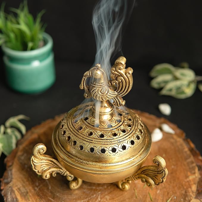 Brass Peacock Design Dhoop (6in and 1 kg) Dani Pot | Loban Burner |Bakhoor Holder | Antique Dhoop Batti Stand | Pooja Items | Incense Holder Burner for Home Office Living Pooja Puja Room