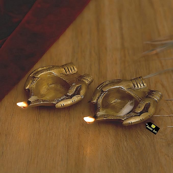 Brass Hand Shape Diya (3 inches, 200g, Pack of 2) Small Ethnic Design Handmade Curved Oil Wick Antique Kuber Deepak Lamp for Home Decor Temple Puja Office Counter Decoration Festival Gift