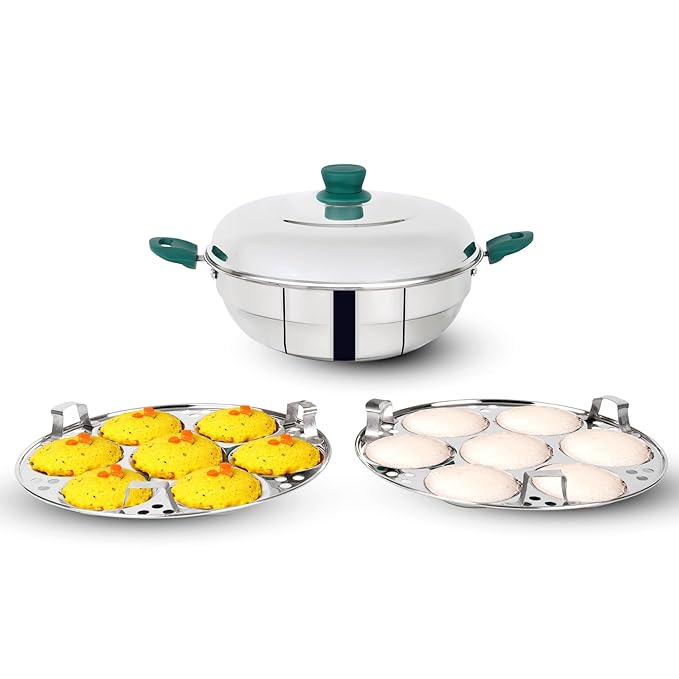 The Indus Valley Stainless Steel Idli Maker/Pot | 2 Plates | 4.5 Litre Nonstick 3-Layer Bottom | Induction Friendly, 100% Pure & Toxin-Free