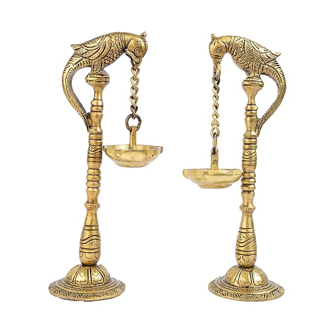 Brass Parrot Diya (8 * 6 * 20 inches & 800g) with Stand Ethnic Design Handmade Curved Oil Wick Antique Deepak Lamp for Home Decor Temple Pooja Office Counter Decoration Festival Gift