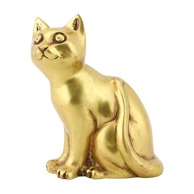 Brass Cat (6 Inches and 800g) Ethnic Design Handmade Statue for Home Decor Office Counter Decorative Antique Figurine Handcrafted Unique Piece Showpiece Vastu Animal Gift Item