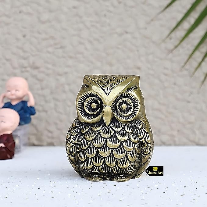 Brass Owl Statue Ethnic Design Handmade for Home Decor Office Shop Counter Decorative Figurine Handcrafted Unique Piece Showpiece Vastu Animal Gift Item(Fat) (4 Inches and 650g)