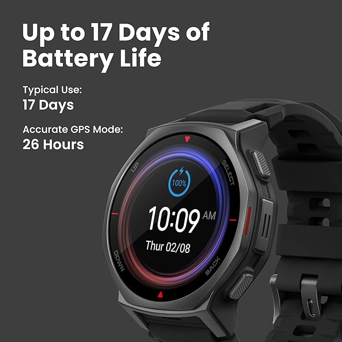 Amazfit T-Rex 3 Pro Outdoor Smart Watch 44mm Sapphire AMOLED Display with Flashlight, Dual Band GPS, Offline Maps, 25 Days Battery, 10 ATM, 180+ Sports Mode for Android & iPhone, Tactical Black