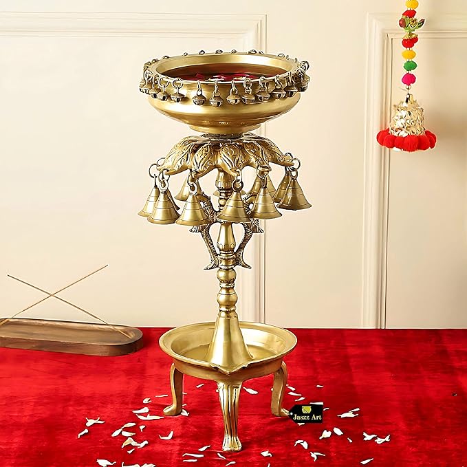 Brass (19 Inches and 5.6 Kg) Urli Bowl with Bells Ethnic Design Uruli Pot for Home Decor Floating Flowers Candle Lamps Temple Room Traditional Decoration Gift