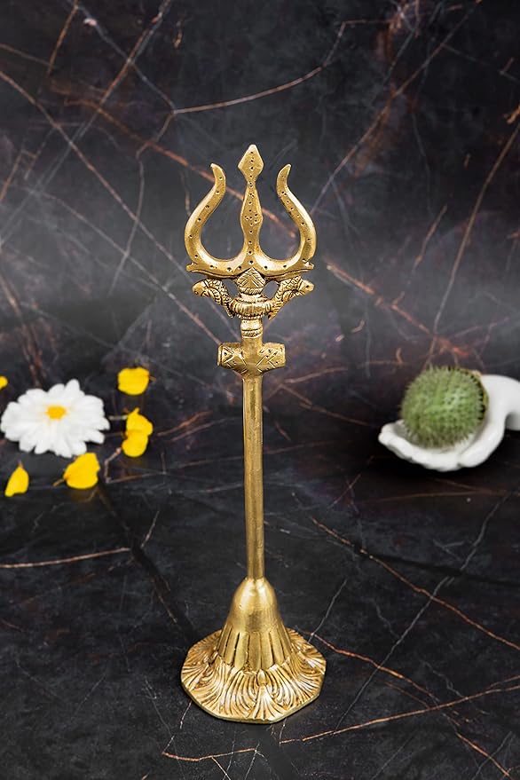 Brass Shiva Trishul Bholenath Trident with Damru on Stand Show Piece Decoration Items for Pooja Room, Temple Home Decor, Puja House (7 * 7 * 28 cm & 400 gm)