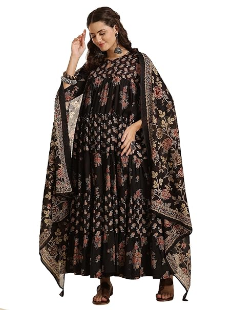 Kimayra Women's Cotton Calf Length Printed Key Hole Neck Tired Kurta Suit Set