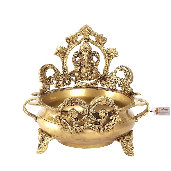 Two Moustaches 100% Pure Brass Ethnic Carved Ganesha Design 7 Inches Brass Urli Decor Bowl, Golden, Urli Bowl for Home Decor, Uruli for Flower Decoration, Brass Bowl for Pooja, Standard, Pack of 1