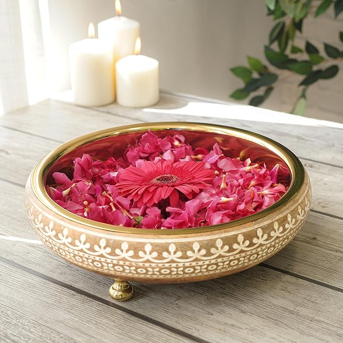 BEHOMA Wood & Metal Design 11 Inches Urli, Decorative Bowl for Home Decor | Uruli for Indoor Center Table Flower Decoration | Wooden Urili Tray for Wedding, Diwali Gifting & Durga Puja Navratri, 1 pc