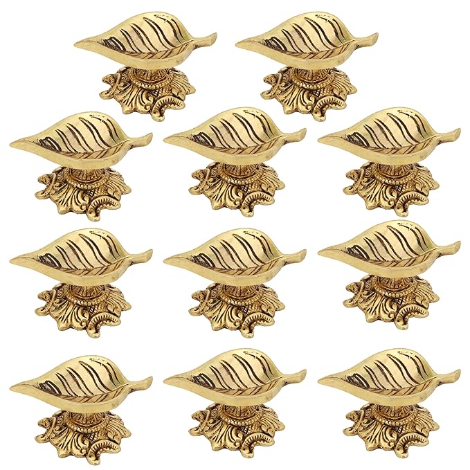 Brass Leaf Diya (3 inches and 200g, Pack of 11) Small Size Ethnic Design Handmade Curved Oil Wick Antique Kuber Deepak for Home Decor Temple Puja Office Counter Decoration Festival Gift