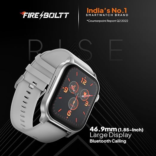 Fire‑Boltt Rise Smart Watch 1.85″ HD Display with Bluetooth Calling, AI Voice Assistant, Rotating Crown, SpO2 & Heart Rate Monitor, 120+ Sports Modes,IP67 Waterproof Smart Watch for Men & Women - Grey