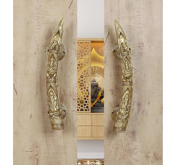 Two Moustaches Tuskar Style Ganesha Carving Brass Door Handle Pair, Brass Handles for Main Door, Door Pulls, Handles for Pooja Room, Standard, Pack of 2