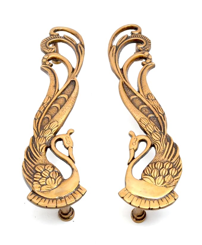 Two Moustaches Peacock Design 11 Inches Brass Door Handle Pair for Main Door - Antique Pull Handle, Pack of 2