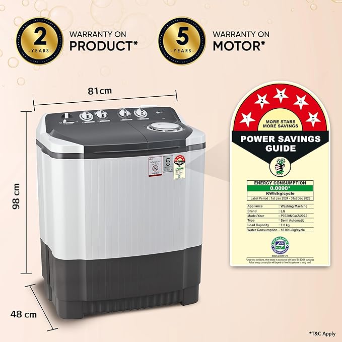 LG 7 Kg 5 Star Wind Jet Dry Semi-Automatic Top Loading Washing Machine (P7020NGAZ, Dark Gray, Rat Away Feature)