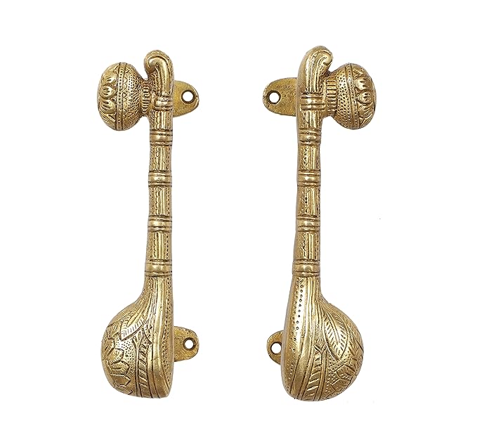 Two Moustaches 7.5 Inches Brass Sitar Door Handle Pair,Brass Door Handle Pair,Main Door Handles,Handles for Wooden Doors,Temple Room Door Handles,Standard,Pack of 2 Handles - Pull Handle