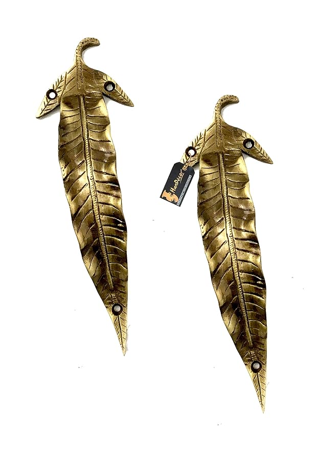 Two Moustaches 7 Inches Leaf Design Brass Door Handle Pair, Brass Pull Handles, Main Door Handle Pairs, Standard, Pack of 2