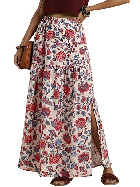 GRECIILOOKS Women's Maxi Skirt for Women High Waist | Long Skirts Rayon Printed | Summer Floral Skirt with Slit | Boho Skirt's
