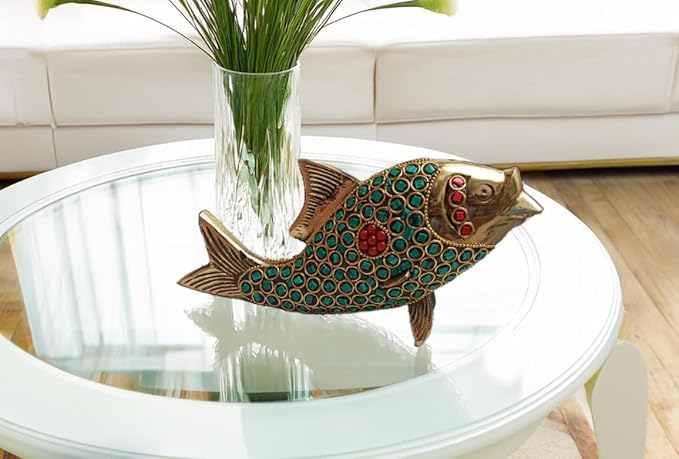 Vastu/Feng Shui Stone Meenakari Fish for Good Luck and Prosperity | Decorative Showpiece Pure Brass Figurine | Sculpture Small Statue | Golden Green (750 GMS.)