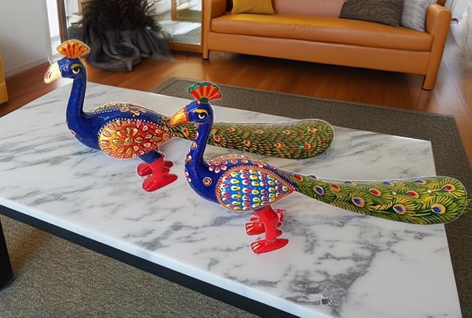 Antique Metal Meenakari Work Peacock Statue Showpiece | Decorative Figurine for Home/Living Room/Office/Bedroom Decor (Set of 2, Multicolor)