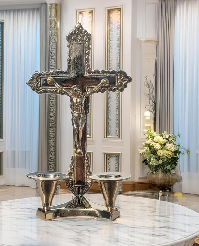 Brass Lord Jesus Christ on Cross | Idol Crucifix Cross with Statue | Christian Cross with 2 Candle Stand | Christmas Decor (Gold, L12cm*W8cm*H20cm)