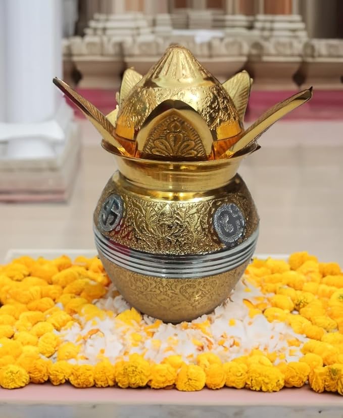 Golden Brass Designer Mangal Kalash with Mango Leaves and Coconut with Beautiful Velvet Box Packaging.
