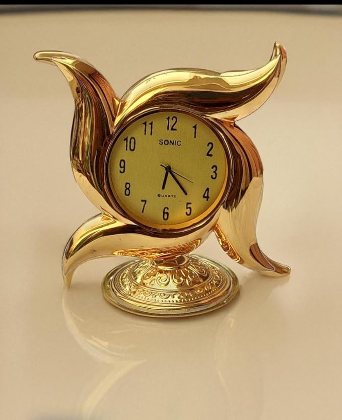 Vastu Swastik Shape Watch for Good Luck and Prosperity | Metal Swastik Shape Clock for Office/Home Table and Car Dashboard | Antique Decorative Clock (L8*W1*H8 CM, Golden)