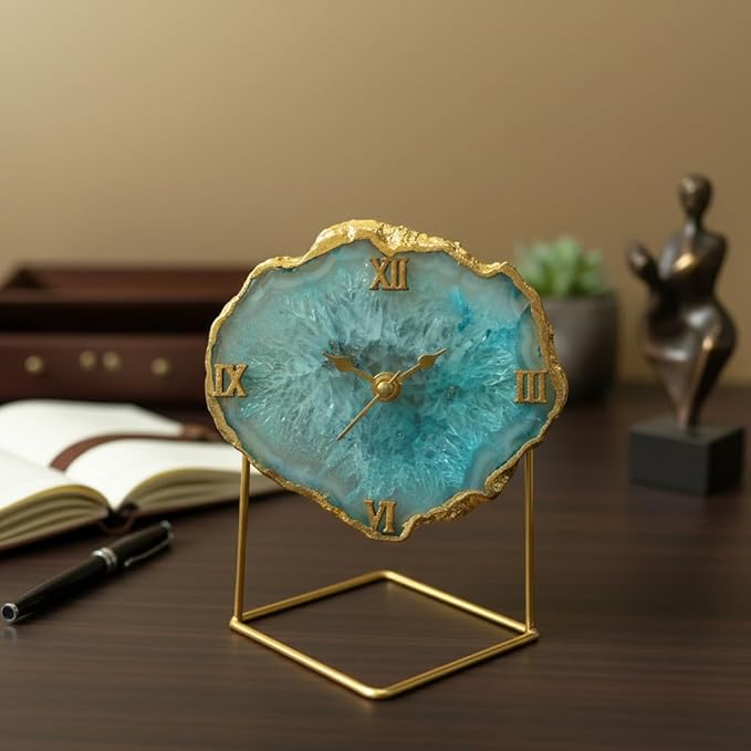Crystal Turquoise Agate Stone Desktop Analog Clock, Antique Table Clock for Home and Office Decor, Study Table and Shelf Clocks, Vastu-Friendly Good Luck Decorative Timepiece