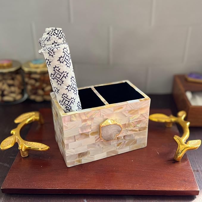 Mother of Pearl with Agate Tableware Cutlery Stand, Elegant Spoon and Utensils Holder for Dining Table and Kitchen, Multipurpose Holder for Home and Office, Premium Decorative Stand