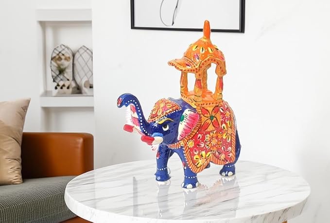 Metal Meenakari Ambabari Elephant 4" inch | Trunk Up Good Luck Elephant | Animal Showpiece - Royal Elephant | Handmade Gift Item for Home Decor Showpiece (Set of 1, Multicolor)